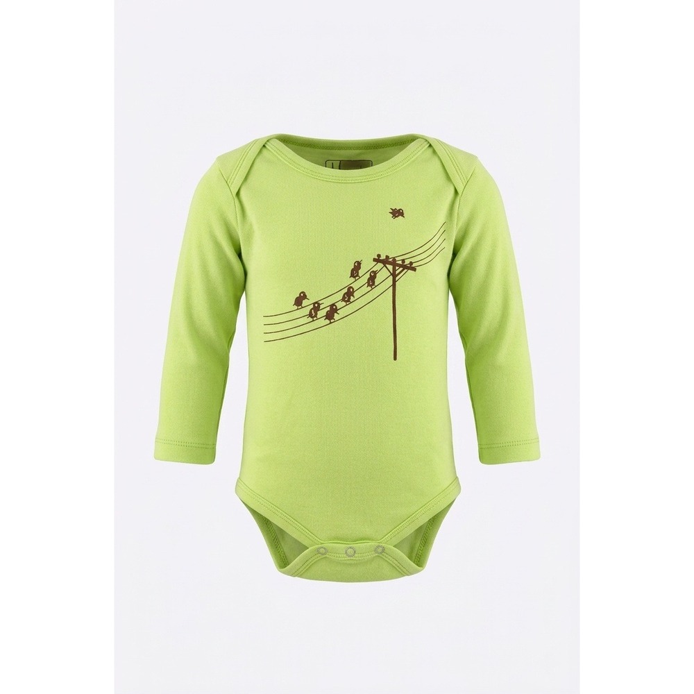 Miminko Apparel Organic Cotton Birds on a Wire Long Sleeve Bodysuit Lime‎ Green
